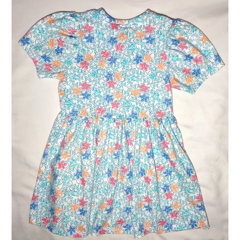 Vtg Carter's Girls Sz 7 Fish Dress Short Sleeve Button‎ Front Cotton Flower